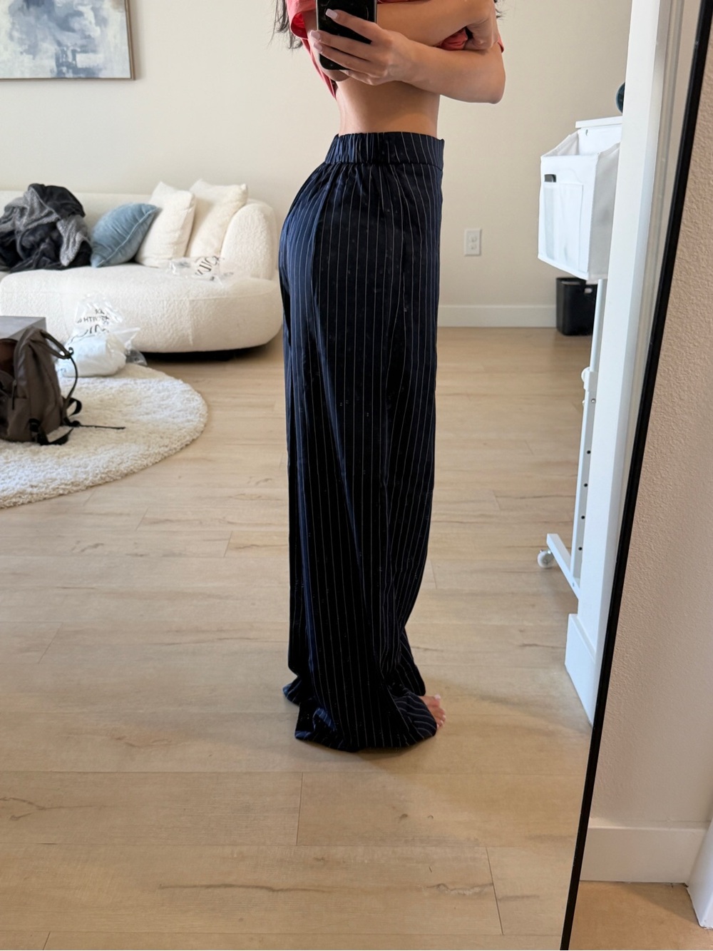 Wide Leg Pinstripe Pants - Navy
